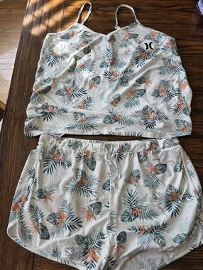 Hurley Tropical Print Tank & Short Set in Cream with Green & Coral